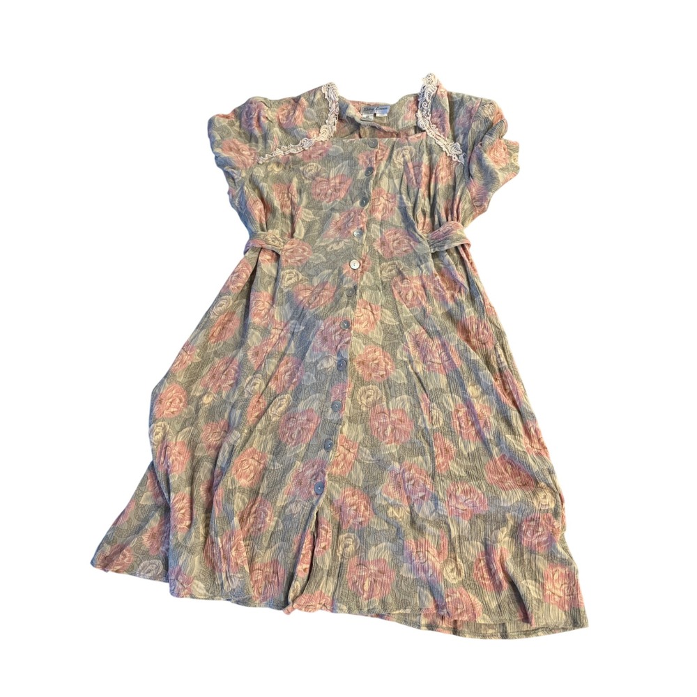 Betsy Lauren Vintage Floral Midi Dress Pink Rose Lace Trim Button Front Size 24